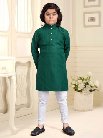 TRADITIONAL COTTON SILVER WEAVING LINE KID'S WEAR KURTA WITH PAYJAMA GREEN