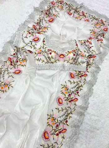 ATTRACTIVE GEORGETTE  EMBROIDERY SEQUENCE WORK SAREE WITH FULLY STITCHED BLOUSE WHITE