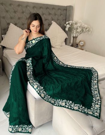 ATTRACTIVE GEORGETTE EMBROIDERY SEQUENCE WORK WITH SEQUENCE LACE SAREE WITH UNSTITCHED BLOUSE GREEN