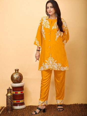 ATTRACTIVE HEAVY RAYON FABRIC CHICKEN KARI EMBROIDERY WORK CO-ORD SET YELLOW