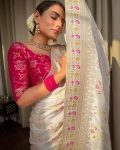 2ATTRACTIVE LICHI SILK JACQUARD WORK SAREE WITH UNSITICHED BLOUSE BRIDAL WEAR WHOLESALE PRICE ETHNIC GARMENT (38)