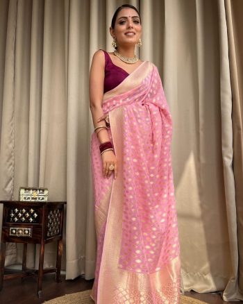 ATTRACTIVE LICHI SILK JACQUARD WORK SAREE WITH UNSTITCHED BLOUSE BABY PINK
