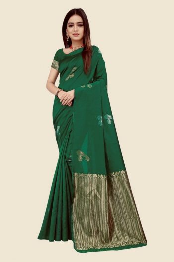 ATTRACTIVE LICHI SILK JACQUARD WORK SAREE WITH UNSTITCHED BLOUSE GREEN