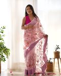 ATTRACTIVE ORGANZA SILK THREAD AND ZARI-DORI WORK SAREE WITH UNSTITCHED BLOUSE BABY PINK