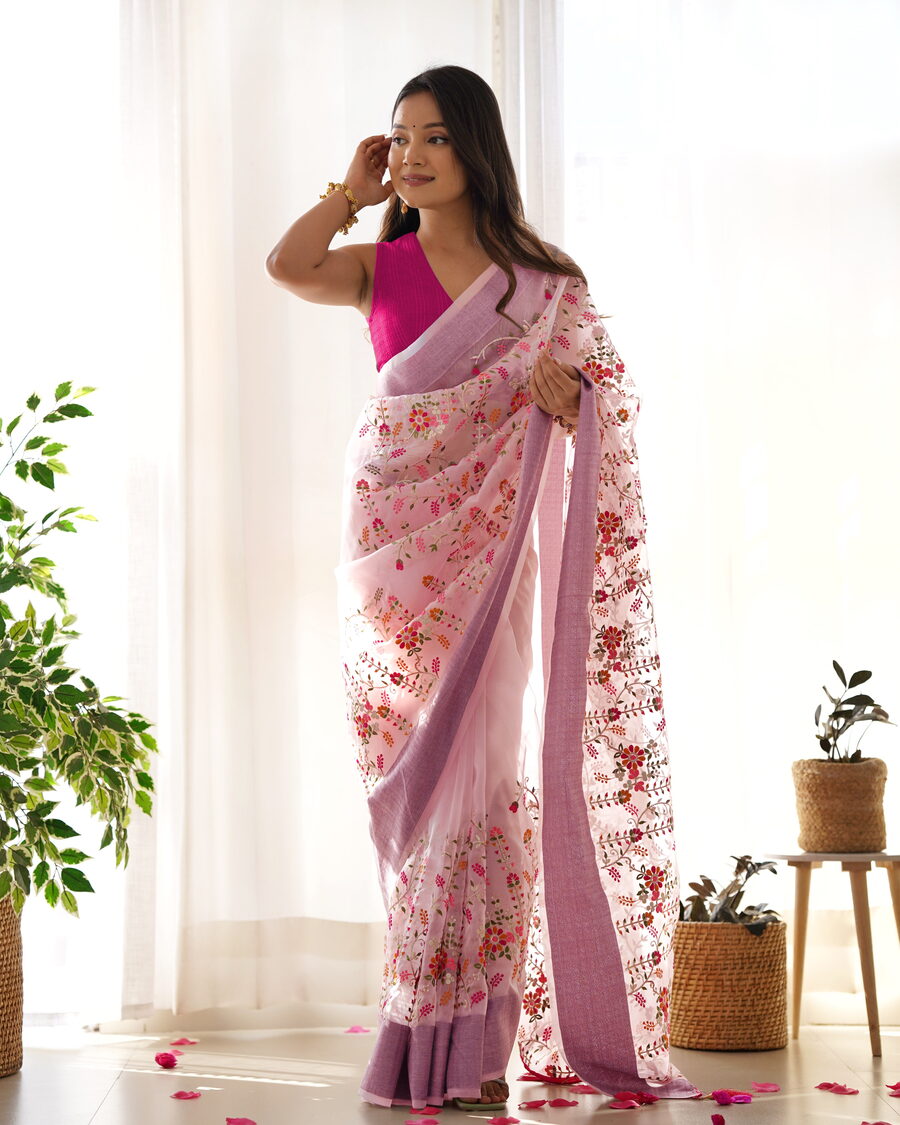 2ATTRACTIVE ORGANZA SILK THREAD AND ZARI-DORI WORK SAREE WITH UNSTITCHED BLOUSE PARTY WEAR WHOLESALE PRICE ETHNIC GARMENT (21)