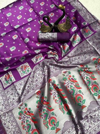 ATTRACTIVE PAITHANI SILK ZARI MEENAKARI WEAVING SAREE WITH UNSTITCHED BLOUSE WINE