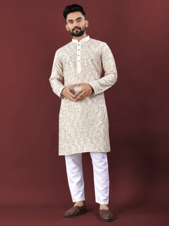 ATTRACTIVE SILK MULTI COLOUR THREAD EMBROIDERY WITH SEQUENCE WORK KURTA PAYJAMA CREAM
