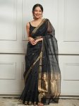 ATTRACTIVE SOFT COTTON WEAVING JACQUARD BORDER SAREE WITH UNSTITCHED BLOUSE BLACK