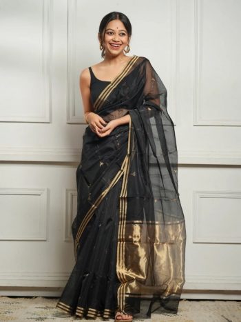 ATTRACTIVE SOFT COTTON WEAVING  JACQUARD BORDER SAREE WITH UNSTITCHED BLOUSE BLACK