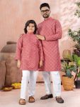 ATTRACTIVE SOFT SILK SILVER AND MATE SEQUENCE WITH EMBROIDERY WORK MEN'S AND KID’S COMBO KURTA PAYJAMA PINK