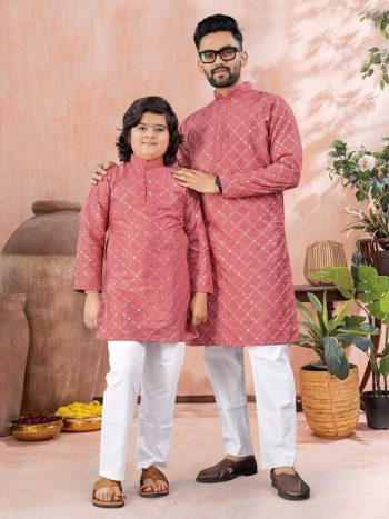 ATTRACTIVE SOFT SILK SILVER AND MATE SEQUENCE WITH EMBROIDERY WORK MEN'S AND KID’S COMBO KURTA PAYJAMA PINK
