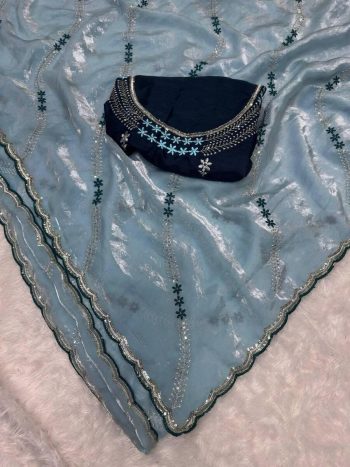 ATTRACTIVE SPACE SILK SEQUENCE AND ZARI EMBROIDERY WORK SAREE WITH UNSTITCHED BLOUSE GREY
