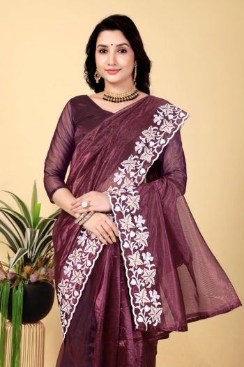 ATTRACTIVE TWILL NET MULTI WORK SAREE WITH UNSTITCHED BLOUSE WINE