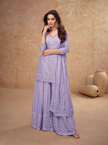 BOLLYWOOD CHINON EMBROIDERY WORK TOP PALAZZO WITH DUPATTA LAVENDER
