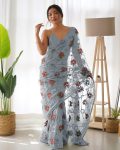 2DESIGNER BUTTERFLY NET THREAD AND AARI EMBROIDERY WORK WITH STONE WORK SAREE WITH UNSTITCHED BLOUSE FESTIVAL WEAR WHOLESALE PRICE ETHNIC GARMENT (39)