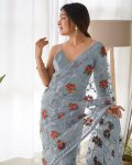 2DESIGNER BUTTERFLY NET THREAD AND AARI EMBROIDERY WORK WITH STONE WORK SAREE WITH UNSTITCHED BLOUSE FESTIVAL WEAR WHOLESALE PRICE ETHNIC GARMENT (39)
