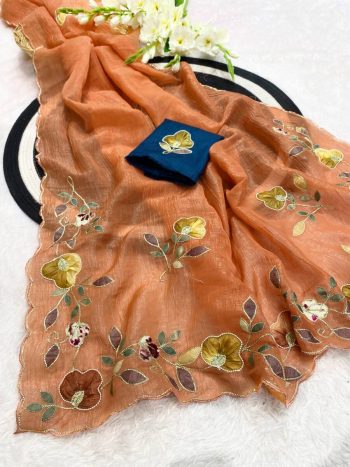 DESIGNER CRUNCHY CHIFFON MULTI COLOR PATCH AND HANDWORK BORDER SAREE WITH UNSTITCHED BLOUSE ORANGE