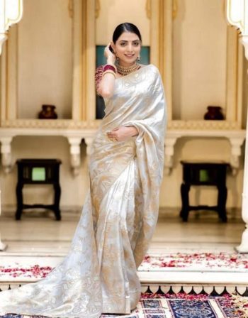 DESIGNER LICHI SILK JACQUARD WORK SAREE WITH UNSTITCHED BLOUSE OFF WHITE