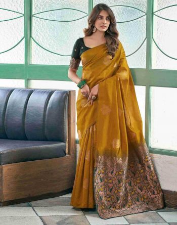 DESIGNER LICHI SILK ORGANIC BANARASI SAREE WITH UNSTITCHED BLOUSE YELLOW