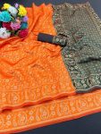 DESIGNER LICHI WORK WEAVING WORK SAREE WITH UNSTITCHED BLOUSE ORANGE
