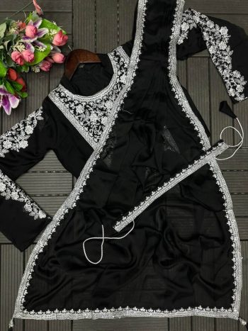 DESIGNER RANGOLI SILK EMBROIDERY CODING WORK READY TO WEAR SAREE WITH STITCHED BLOUSE BLACK