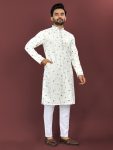 DESIGNER SILK MULTI COLOUR EMBROIDERY FLOWER WORK WITH ALL OVER MATTE SEQUENCE KURTA PAYJAMA WHITE