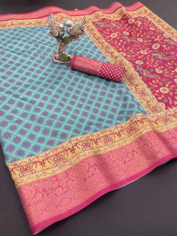 DESIGNER SOFT DOLA COTTON  JACQUARD KANJIVARAM SAREE WITH UNSTITCHED BLOUSE SKY
