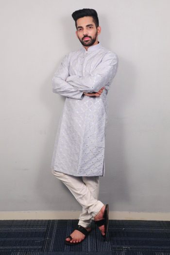 DESIGNER SOFT SILK SILVER AND MATE SEQUENCE WITH EMBROIDERY WORK KURTA PAYJAMA SKY
