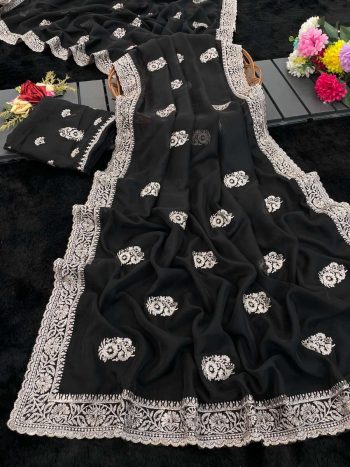 DESIGNER TABBY ORGANZA THREAD WORK AND ARCO BORDER SAREE WITH UNSTITCHED BLOUSE BLACK