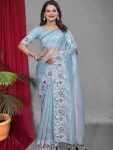 DESIGNER TWILL NET MULTI WORK SAREE WITH UNSTITCHED BLOUSE SKY
