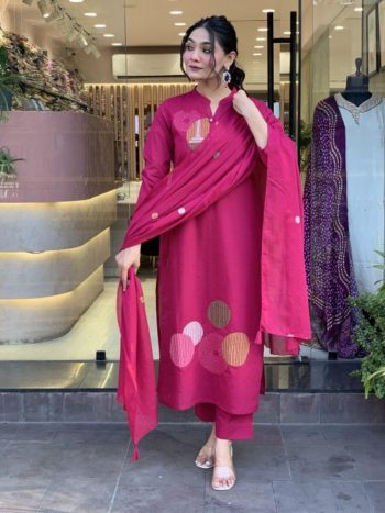 FANCY CHANDERI MIRROR AND EMBROIDERY WORK TOP BOTTOM WITH DUPATTA RANI
