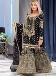 FANCY GEORGETTE EMBROIDERY SEQUENCE WITH LATKAN BORDER WORK TOP SHARARA WITH DUPATTA BLACK