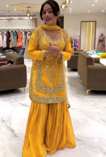 FANCY GEORGETTE THREAD WITH SEQUENCE WORK TOP SHARARA WITH DUPATTA YELLOW