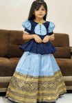FANCY LICHI SILK ZARI  WEAVING WORK KID'S TOP LEHENGA SKY