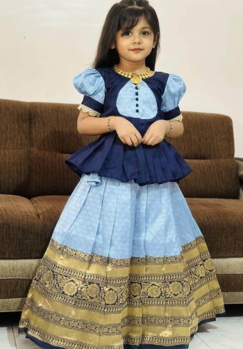 FANCY LICHI SILK ZARI  WEAVING WORK KID'S TOP LEHENGA SKY