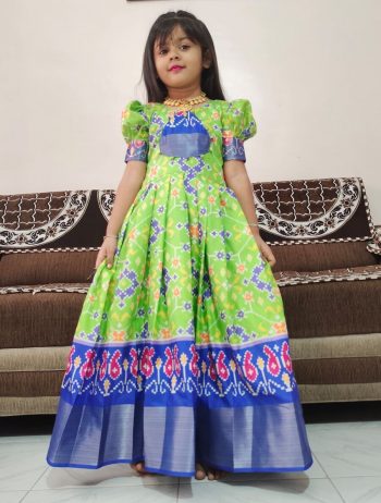 FANCY SILK DIGITAL PRINTED KID'S GOWN PARROT GREEN