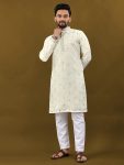 FASHIONABLE MATKA SILK SILVER JARI WITH EMBROIDERY BUTTI WORK KURTA PAYJAMA OFF WHITE