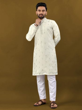 FASHIONABLE MATKA SILK SILVER JARI WITH EMBROIDERY BUTTI WORK KURTA PAYJAMA OFF WHITE