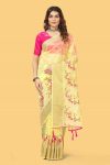 FASHIONABLE ORGANZA SILK THREAD AND ZARI-DORI WORK WITH STONE WORK SAREE WITH UNSTITCHED BLOUSE YELLOW
