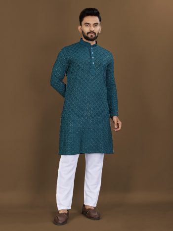 FASHIONABLE RAYON HEAVY EMBROIDERY WITH SEQUENCE WORK KURTA PAYJAMA TEAL