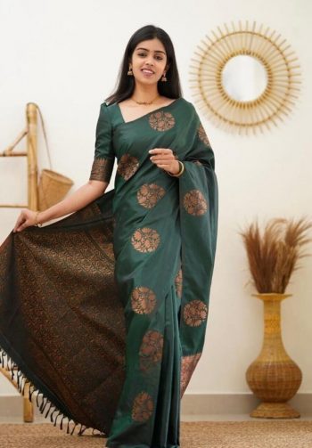 FASHIONABLE SOFT LICHI SILK JACQUARD WORK SAREE WITH UNSTITCHED BLOUSE GREEN