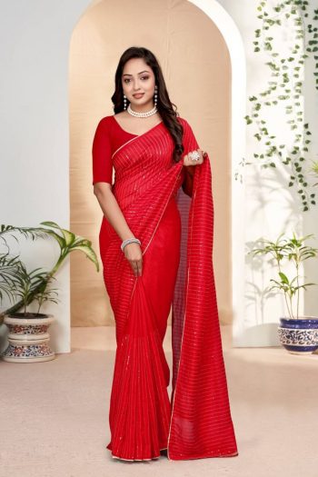 FASHIONABLE VICHITRA SILK EMBROIDERY-SEQUENCES WORK PIPING GOLD COLOUR LACE BORDER SAREE WITH UNSTITCHED BLOUSE RED