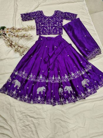 LATEST CHINON  SILK EMBROIDERY WORK  KID'S LEHANGA CHOLI WITH DUPATTA PURPLE