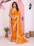 LATEST GEORGETTE RAJWADI BANDHEJ PRINT WITH EMBROIDERY WORK SAREE WITH UNSTITCHED BLOUSE YELLOW