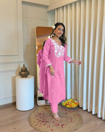 LATEST RAYON COTTON EMBRODERY WORK KURTI WITH BOTTOM PINK