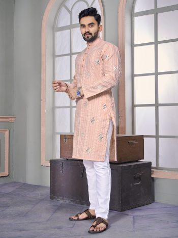LATEST ROYAL LINEN EMROIDERY WITH SEQUENCE WORK  KURTA PAYJAMA PEACH