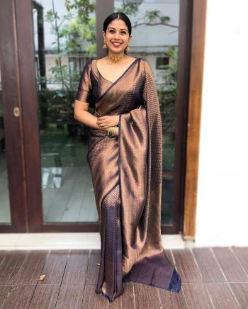 LATEST SOFT LICHI SILK JACQUARD WORK SAREE WITH UNSTITCHED BLOUSE BROWN