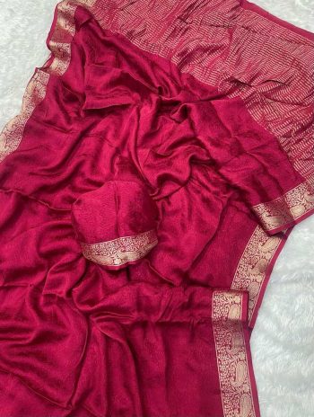 LATEST VISCOSE CHINON WEAVING PATTERN WORK SAREE WITH UNSTITCHED BLOUSE MAROON