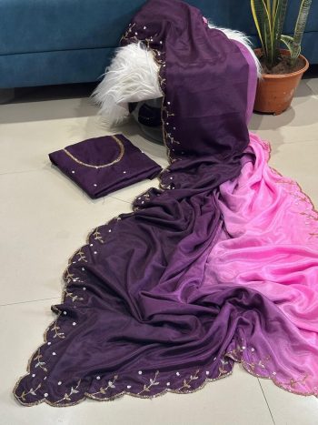 MODERN CHINON PADDING RICH CUT DANA AND MOTI FLOWERS HANDWORK BORDER SAREE WITH UNSTITCHED BLOUSE BABY PINK