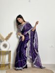 MODERN EMBROIDERY WORK SEQUENCE AND JARI WITH ARC BORDER JIMMY CHOO SAREE WITH STITCHED BLOUSE PURPLE
